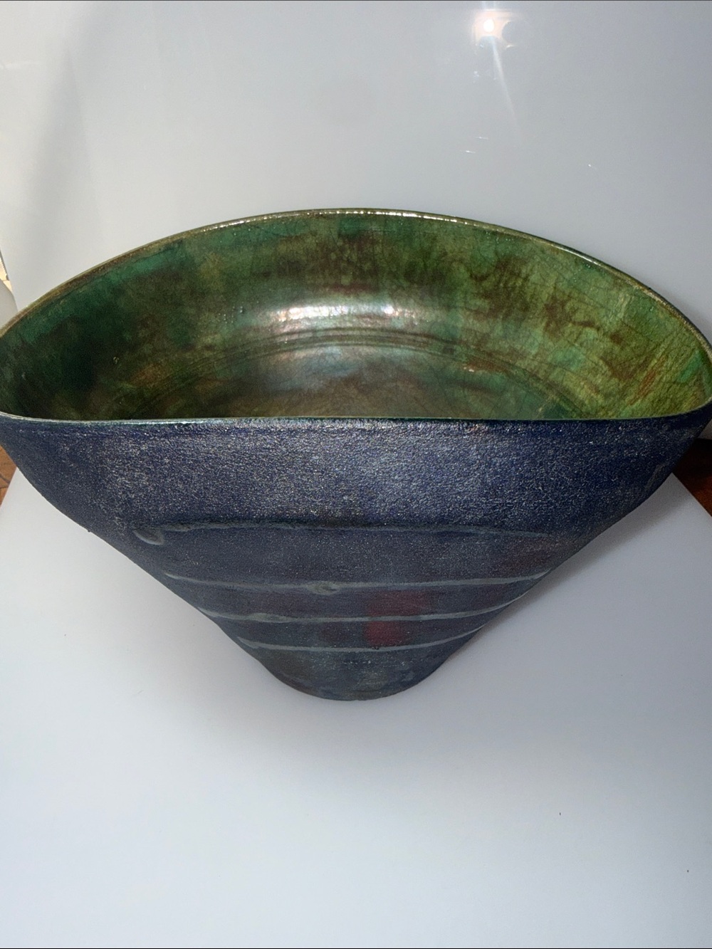 RAKU Textured Black Ceramic Decorative Bowl with Green Interior Glaze